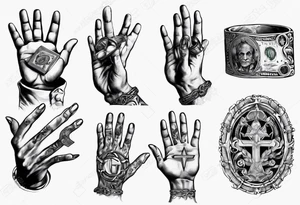 Hands of a praying man with money and rings tattoo idea