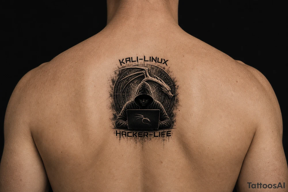 the kali linux dragon in the background of a hacker in black hoodie sitting behind a laptop hacking with the words Kali-Linux accross the top and Hacker-Life accross the bottom and the letters need to be in hacker colors tattoo idea
