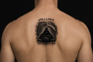 the kali linux dragon in the background of a hacker in black hoodie sitting behind a laptop hacking with the words Kali-Linux accross the top and Hacker-Life accross the bottom and the letters need to be in hacker colors tattoo idea