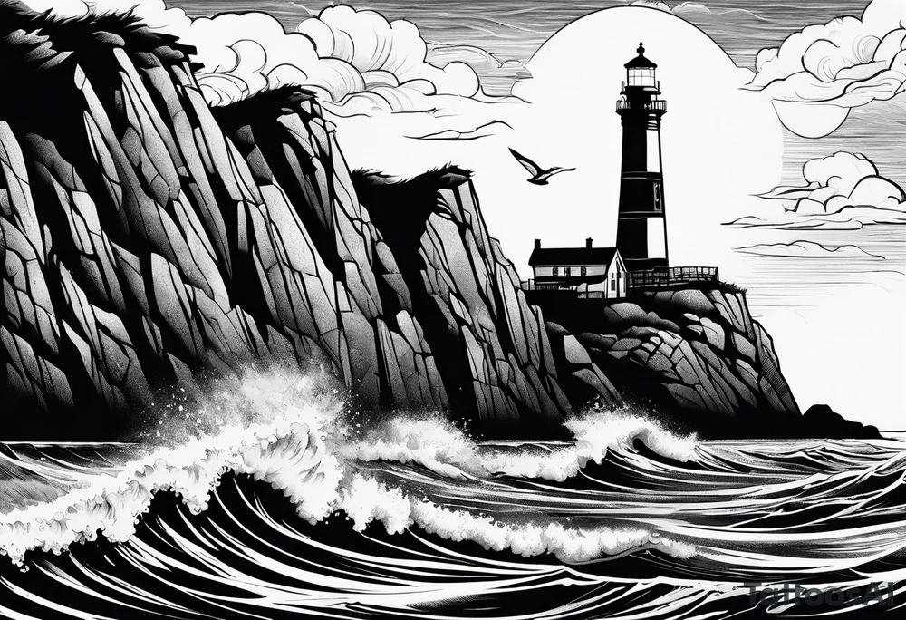 Lighthouse above a high cliff with below a wild sea and sinking ship tattoo idea