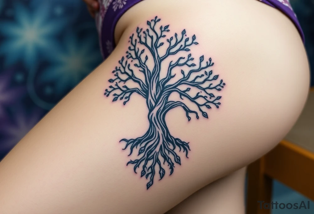 mystical tree of life with cosmic roots and celestial branches tattoo idea