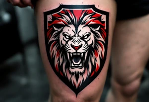 A Czech lion roaring inside a shield, with bold black lines and a distressed texture, evoking medieval heraldry. tattoo idea