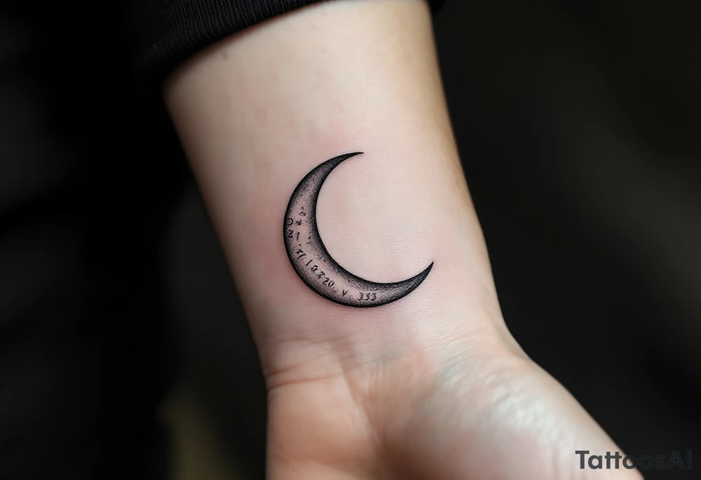 Crescent moon with "David – 27.11.2020 v 3:33" nestled in its curve, done in silver-gray and black. tattoo idea