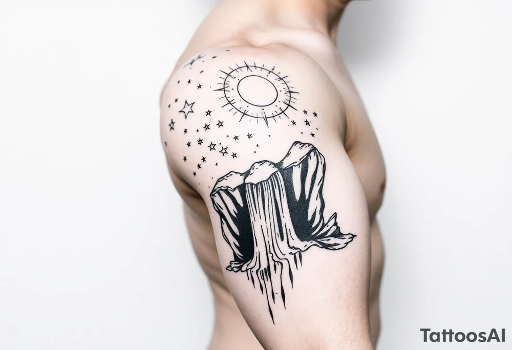 A solar system of stars that turn into a waterfall and rain tattoo idea