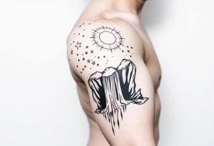 A solar system of stars that turn into a waterfall and rain tattoo idea