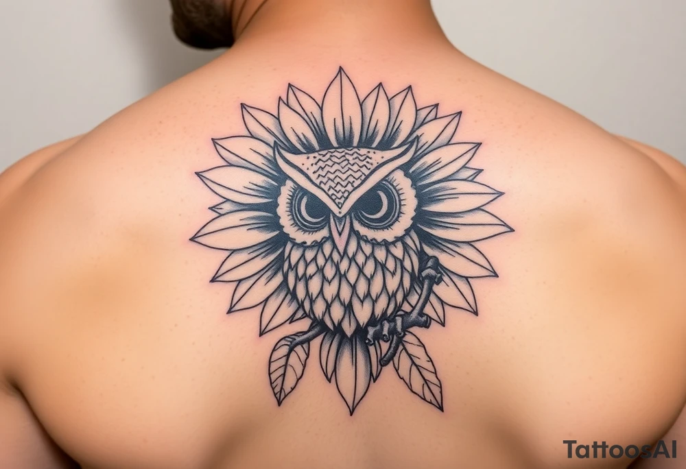Sunflower and whimsical owl design tattoo idea