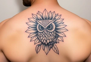 Sunflower and whimsical owl design tattoo idea