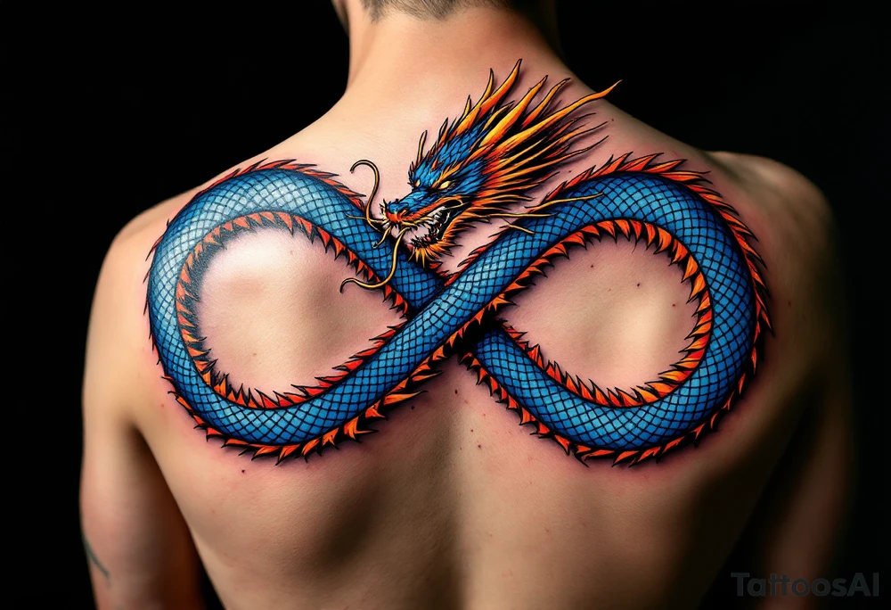 The design features a dragon coiled into the shape of the infinity symbol (sideways number "8"). The dragon is depicted eating its own tail, symbolizing eternity and continuity (Ouroboros-inspired).

Details:

The dragon's body should be slightly thicker for a more powerful and robust look.
Its vibrant blue scales should include subtle patterns in red and yellow, creating a striking contrast while maintaining elegance.
Style:

The dragon’s texture should remain smooth and glossy, emphasizing its detailed scales and flowing form.
The focus is entirely on the dragon, keeping the background minimalistic for a clean, modern aesthetic. tattoo idea