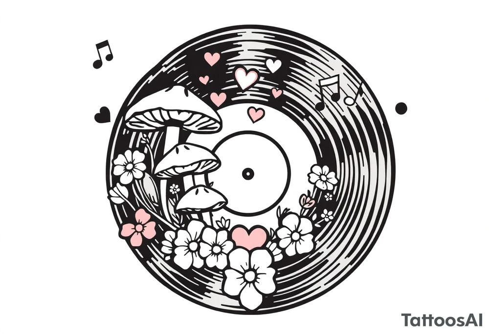 vinyl record with mushrooms, flowers, hearts, and music notes tattoo idea