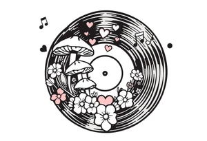 vinyl record with mushrooms, flowers, hearts, and music notes tattoo idea
