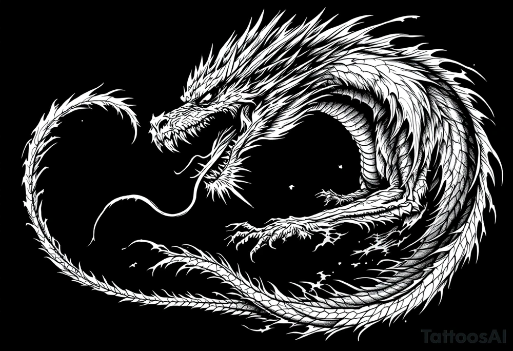 scary big dragon hissing with long tail tattoo idea