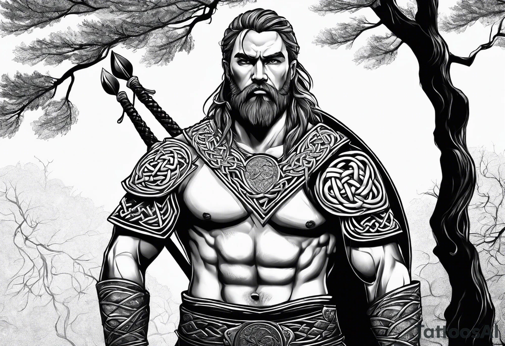 Celtic warrior facing left with trees I'm background tattoo idea