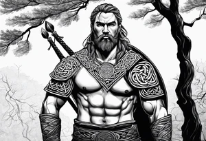 Celtic warrior facing left with trees I'm background tattoo idea