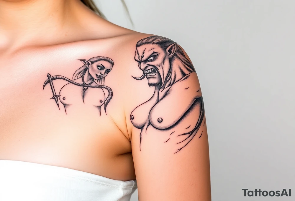beautiful naked woman and a angry and powerful demon tattoo idea