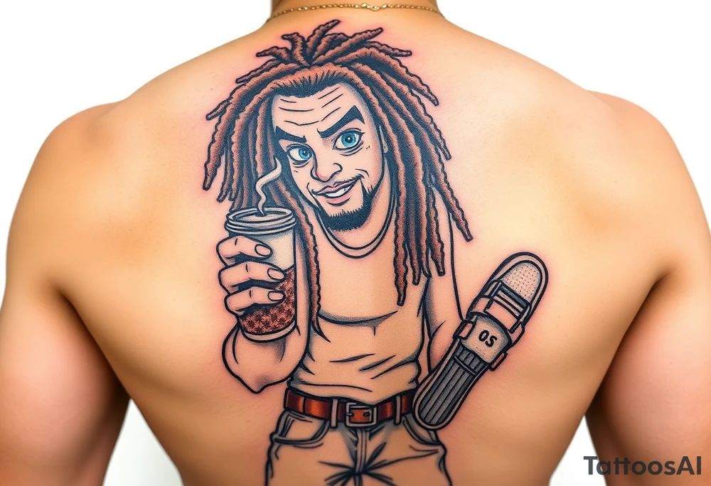 Comic character with dread locs holding a coffee in one hand with socks and slides on tattoo idea