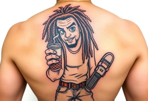 Comic character with dread locs holding a coffee in one hand with socks and slides on tattoo idea
