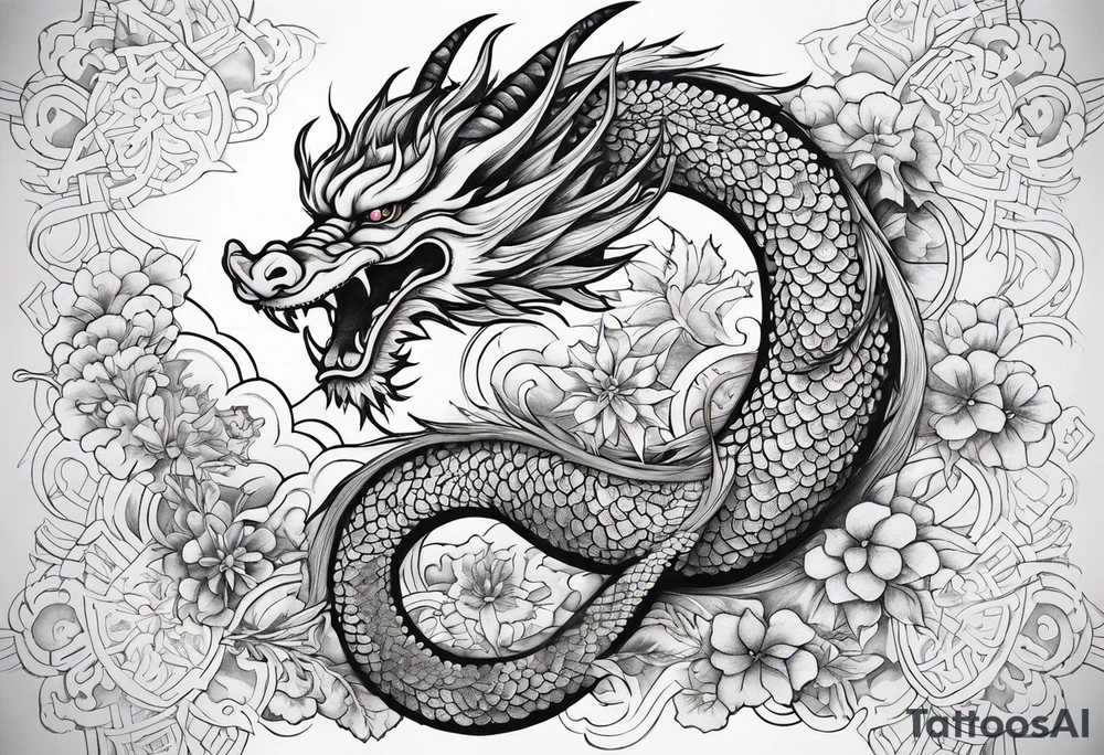 japanese dragon, celestial, cross, snowflake tattoo idea
