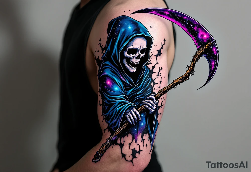 A cosmic-themed Grim Reaper holding a scythe with a galaxy blade in deep purples and blues. tattoo idea