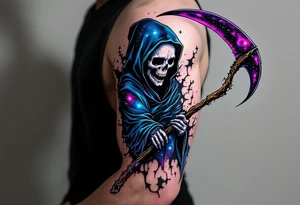 A cosmic-themed Grim Reaper holding a scythe with a galaxy blade in deep purples and blues. tattoo idea