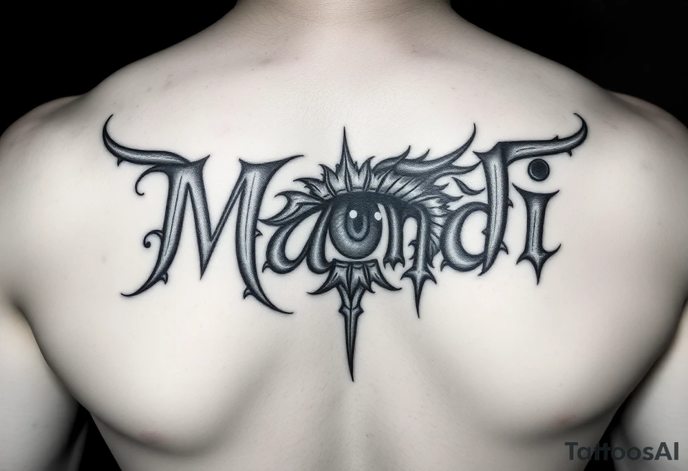 Name Mandi with nubis and eye of raw tattoo idea