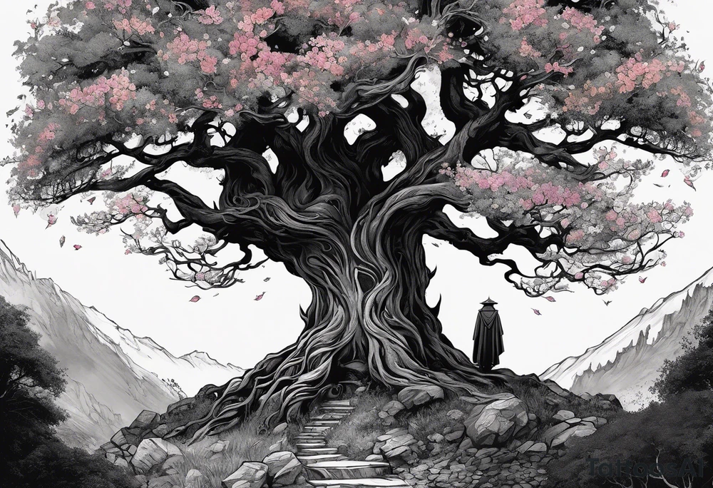 Circular lord of the rings style writing around an ancient twisted tree with flowers in the canopy tattoo idea