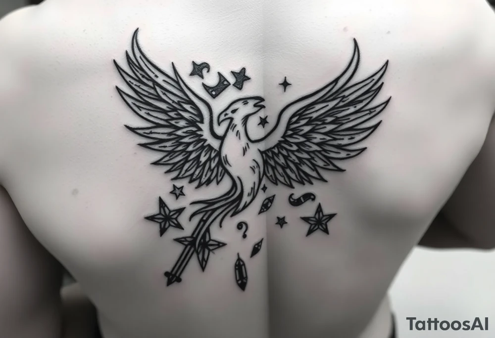 Phoenix rising from flames, surrounded by ninja stars and ballistic missiles, semicolon integrated into the design, fine line black ink, minimalist but dramatic”

The semicolon tucked into the phoenix wing or tail would be chef’s kiss — subtle but loaded with meaning for anyone who knows. tattoo idea