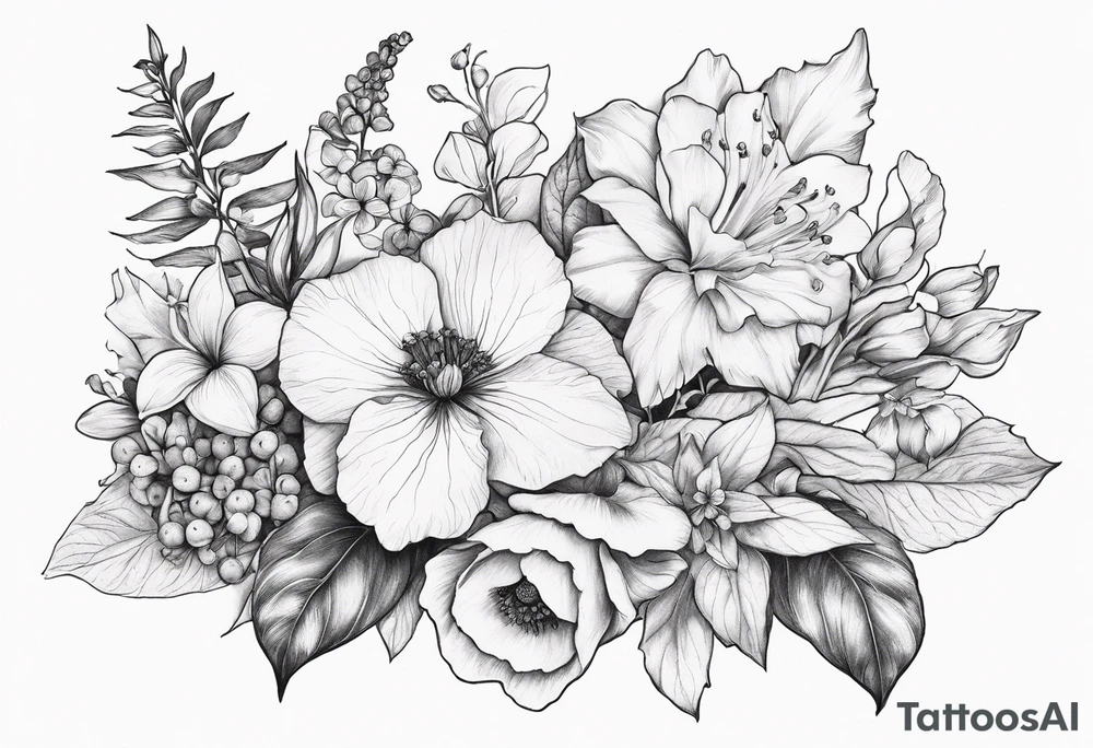 Floral Bouquet with blue hydrangea,Gladiolus, Poppy,Daisy,Sweet Pea,Narcissus, Poinsettia, and Holly tattoo idea