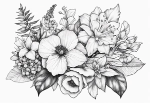 Floral Bouquet with blue hydrangea,Gladiolus, Poppy,Daisy,Sweet Pea,Narcissus, Poinsettia, and Holly tattoo idea
