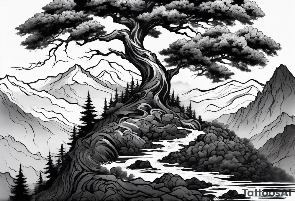 Full arm sleeve, tree going up to shoulder dead tree going down to wrist, wrapped in a serpent moving down with mountain, water, and demonic elements tattoo idea
