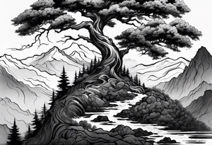 Full arm sleeve, tree going up to shoulder dead tree going down to wrist, wrapped in a serpent moving down with mountain, water, and demonic elements tattoo idea