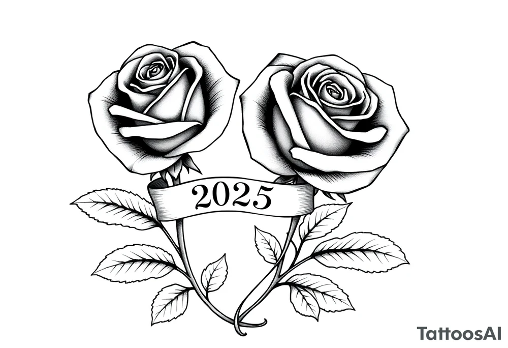 two beautiful large rose buds, one larger than the other, with many leaves next to the rose buds, with one sitting higher than the other. Include a banner connecting the two roses with the year "2025" on it.   Use dark outlines with little shading. The two stems should be short, not long, and connect and join into one stem, whimsically curved or twisted - not straight down. tattoo idea