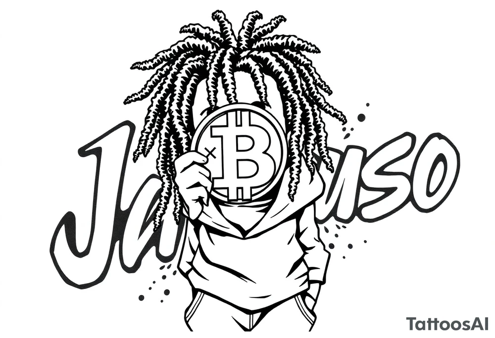 Create a tattoo stencil Use a street-art / pop-art vibe with a cartoon figure with dreadlocs holding a bitcoin to cover his eyes have bold lines, “x” for eyes. make them have on a hoodie and jogger sweatpants have in the background in graffiti letters “Jaruso”. Can you make this person a sneakerhead tattoo idea