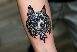 Celtic Stafford – A Staffordshire Bull Terrier head surrounded by intricate Celtic knots in dark green and black, symbolizing protection and heritage. tattoo idea