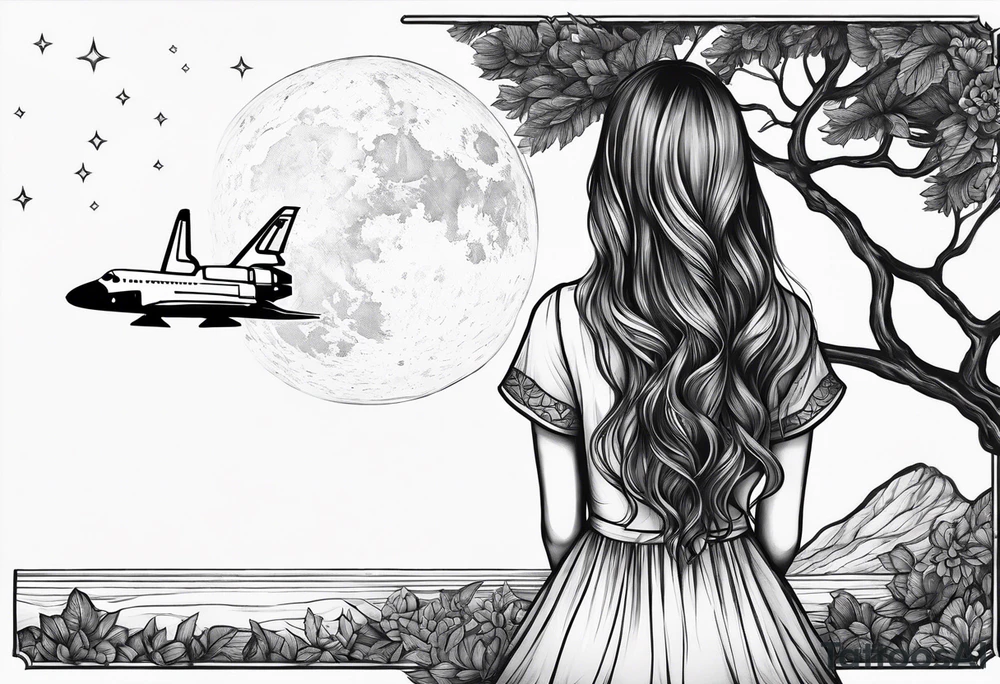 back of small girl in dress with long hair sitting on a tree branch watching a space shuttle launch in the distance tattoo idea