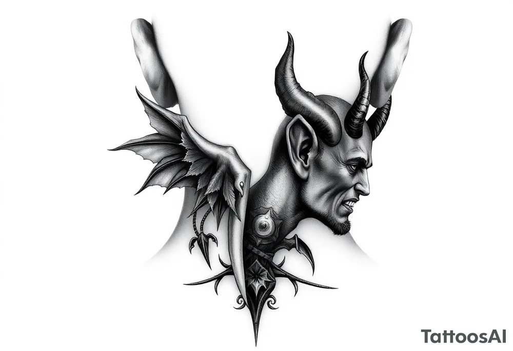 position behind the neck Angel (on the right) whispering in the right ear, demon (on the left) whispering in the left ear. It must be as realistic as possible. tattoo idea