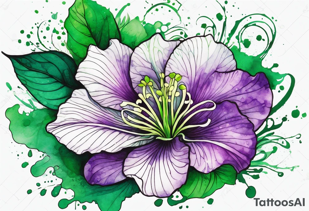 An outline of a green rio dipladenia flower and a green/purple watercolor splash in the background tattoo idea