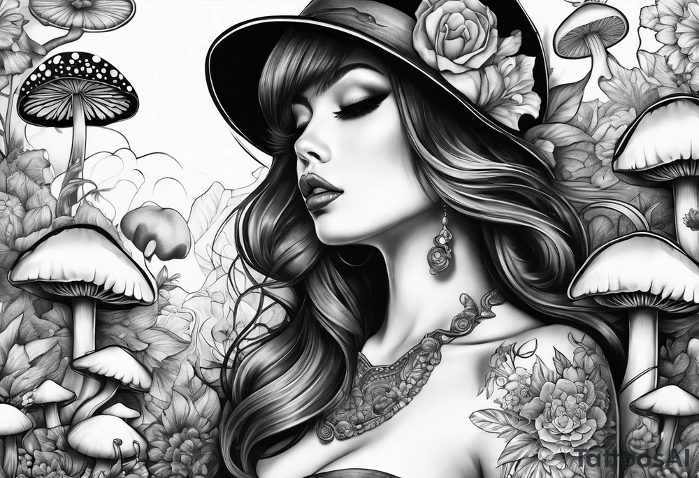 tattoo sleeve girl tongue mushrooms tattoo idea