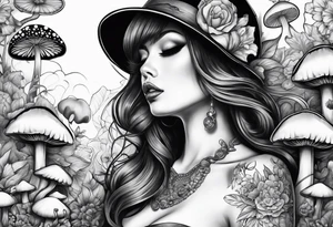 tattoo sleeve girl tongue mushrooms tattoo idea