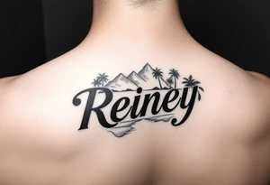 The name reney surrounded by tropical scenery tattoo idea