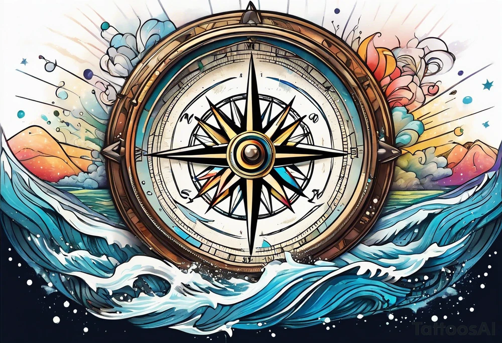 vintage compass with river falling over it tattoo idea