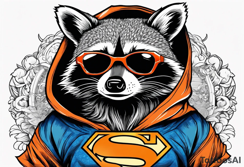 Raccoon wearing an orange Superman hoodie tattoo idea