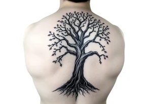 extravagant sacred nnative tree of life who roots rdrive deep into mother eart who has a faceless sillowet of grandmother tattoo idea