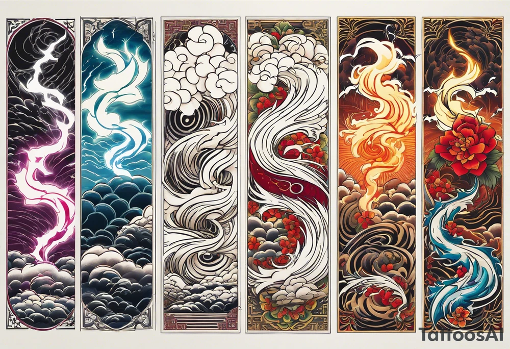 five lightning strikes in a row. The first and fourth are coloured and the rest not tattoo idea