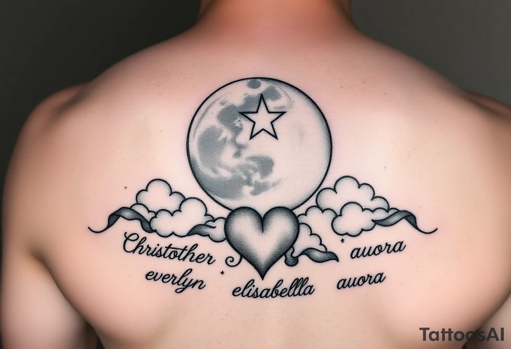 moon and a star and a heart and clouds with the names Christopher everlyn elisabella auora tattoo idea