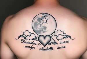 moon and a star and a heart and clouds with the names Christopher everlyn elisabella auora tattoo idea