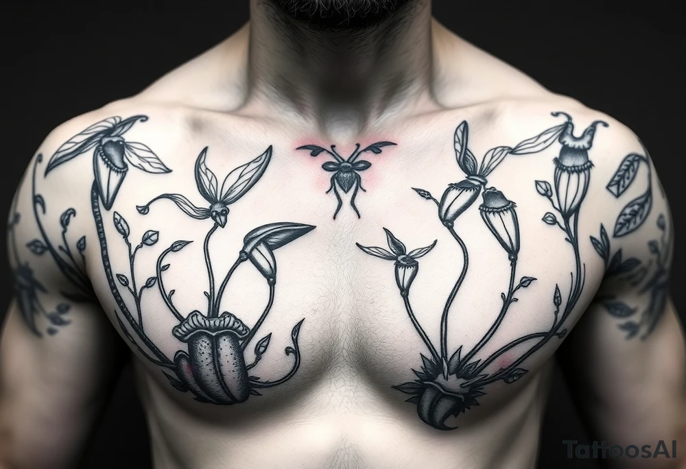 carnivorous plants neck, chest, back, and arm sleeves
I want these spots covered in these plants, ranging from venus fly traps to others
Make it masculine looking, I want it to look kinda like a plant guide book tattoo idea