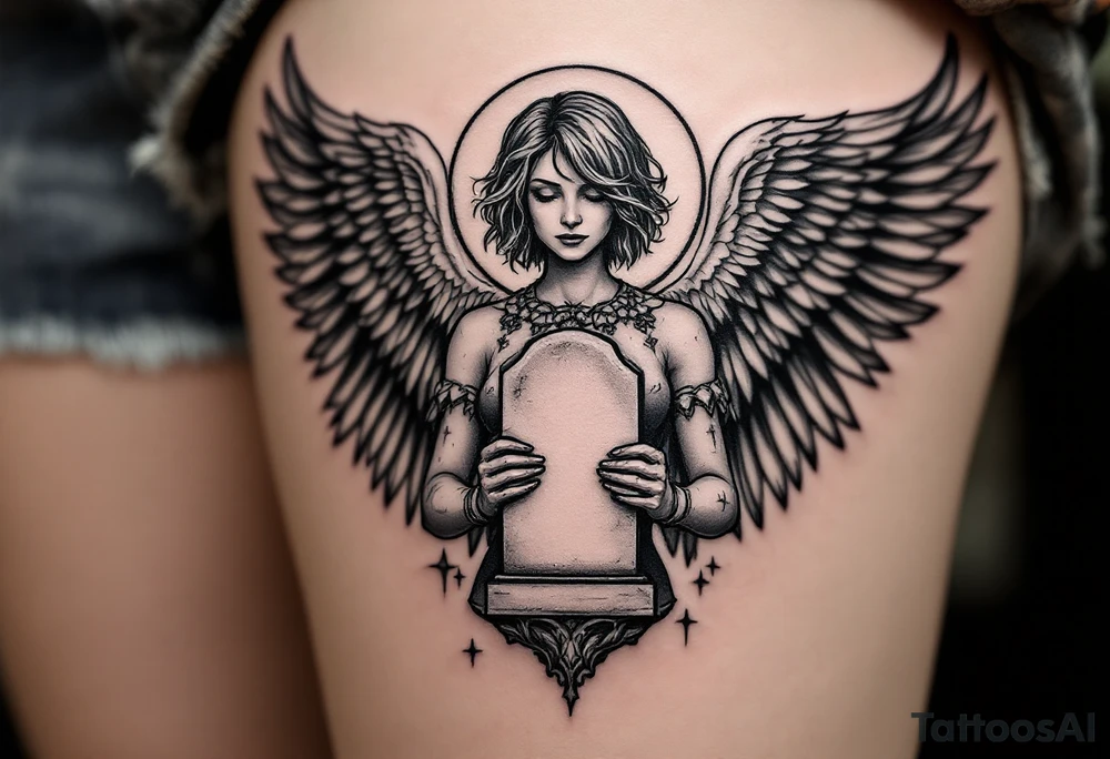 Angel with short hair holding headstone infront of her with large wings tattoo idea