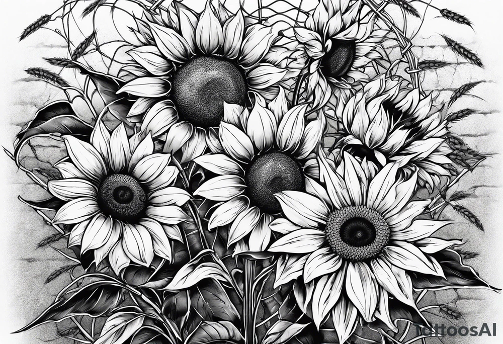 Sunflower, wheat, and barbed wire half sleeve tattoo idea