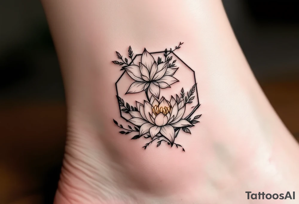 Leo sign, larkspur and water lily surrounded by a hexagon tattoo idea