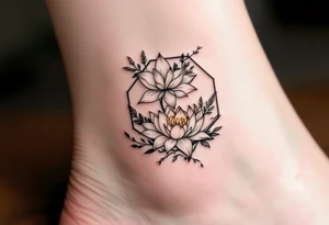 Leo sign, larkspur and water lily surrounded by a hexagon tattoo idea